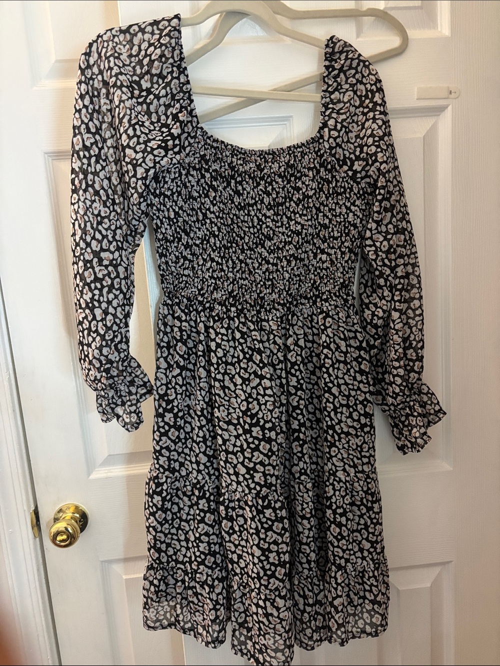 Black and White Leopard Print Smocked Waist Dress